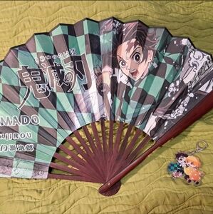 Demon Slayer Wooden Fan and  Key Chain charm